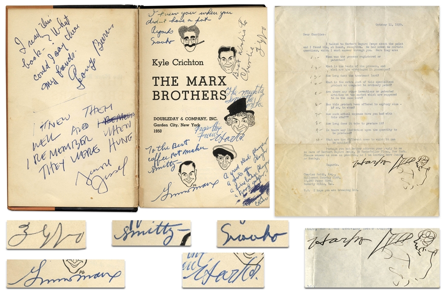 ''The Marx Brothers'' Signed by All Five Brothers: Groucho, Harpo, Chico, Gummo & Zeppo -- Along With Harpo Marx Letter Signed With Self-Portrait Sketch of Him Playing the Harp